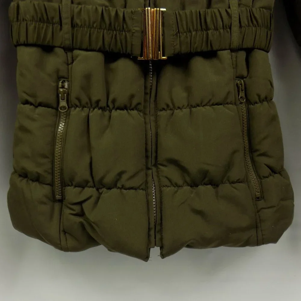 C'Esttoi Chico Belted Puffer Coat Fur Collar Olive Green NEW WITHOUT TAGS - Picture 4 of 10